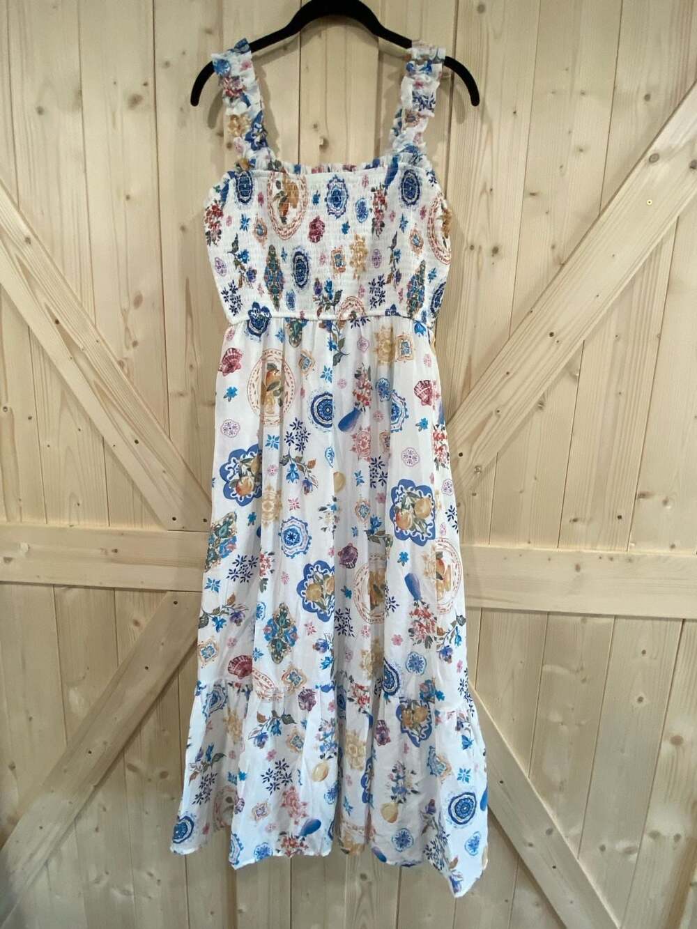 Portofino Graphic Print Smocked Bodice Midi Dress no label medium